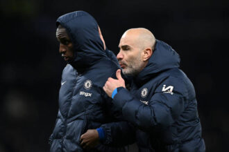LONDON, ENGLAND - DECEMBER 08: Enzo Maresca, Manager of Chelsea, interacts with Nicolas Jackson of Chelsea after the Premier League match between Tottenham Hotspur FC and Chelsea FC at Tottenham Hotspur Stadium on December 08, 2024 in London, England. (Photo by Shaun Botterill/Getty Images)