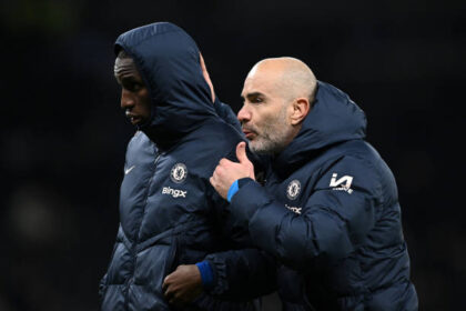 LONDON, ENGLAND - DECEMBER 08: Enzo Maresca, Manager of Chelsea, interacts with Nicolas Jackson of Chelsea after the Premier League match between Tottenham Hotspur FC and Chelsea FC at Tottenham Hotspur Stadium on December 08, 2024 in London, England. (Photo by Shaun Botterill/Getty Images)