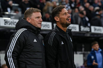 NEWCASTLE UPON TYNE, ENGLAND - APRIL 02: Newcastle United Head Coach Eddie Howe and Newcastle United Assistant Head Coach Jason Tindall during the Premier League match between Newcastle United FC and Brentford FC at St James' Park on April 02, 2025 in Newcastle upon Tyne, England. (Photo by Serena Taylor/Newcastle United via Getty Images)